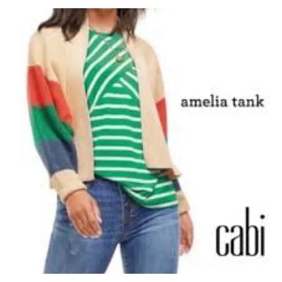 CAbi Amelia Sleeveless Top Kelly Green White Striped Medium #5758 - Picture 1 of 5